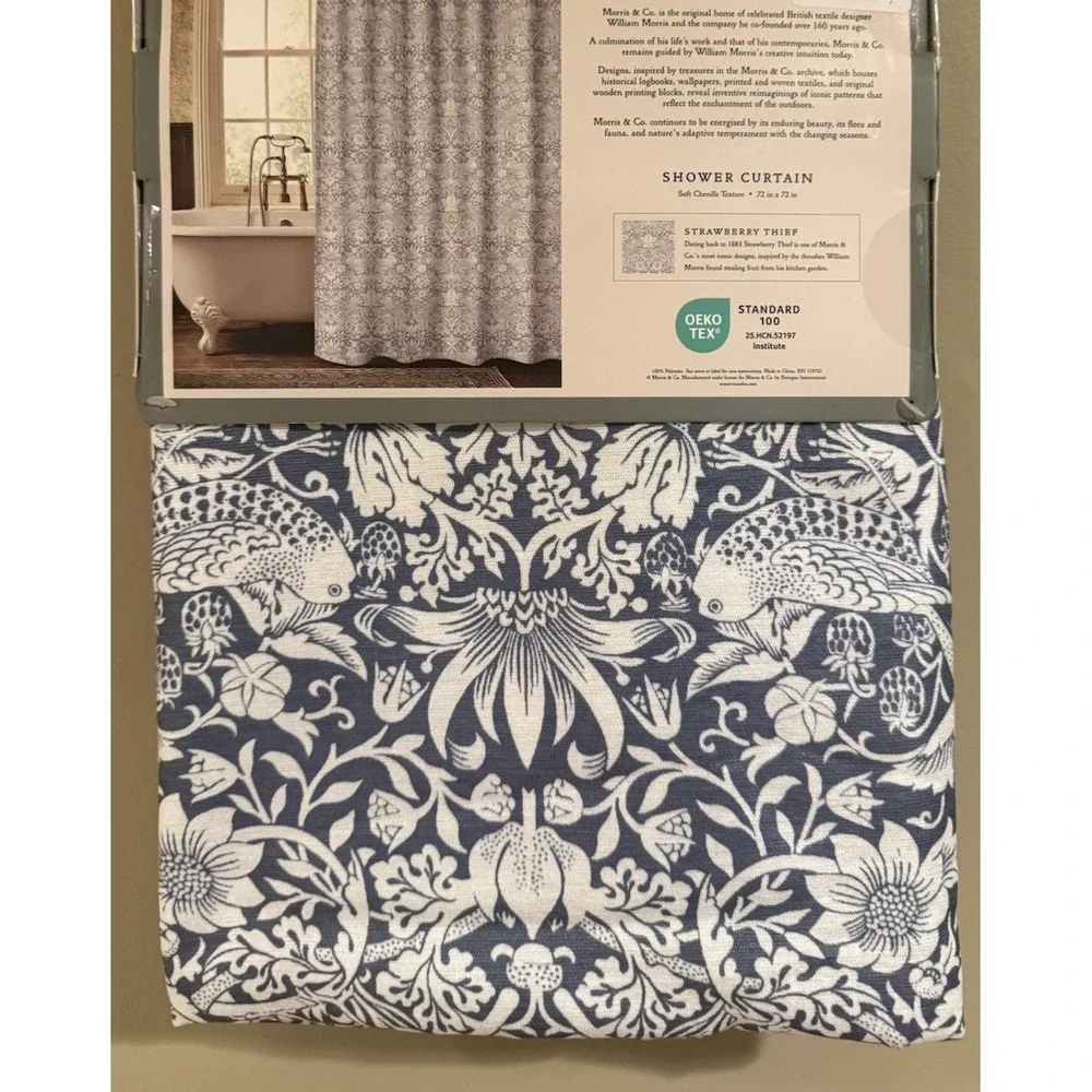 Morris & Co Soft Chenille Fabric Shower Curtain 72x72 Strawberry Thief Blue Whit